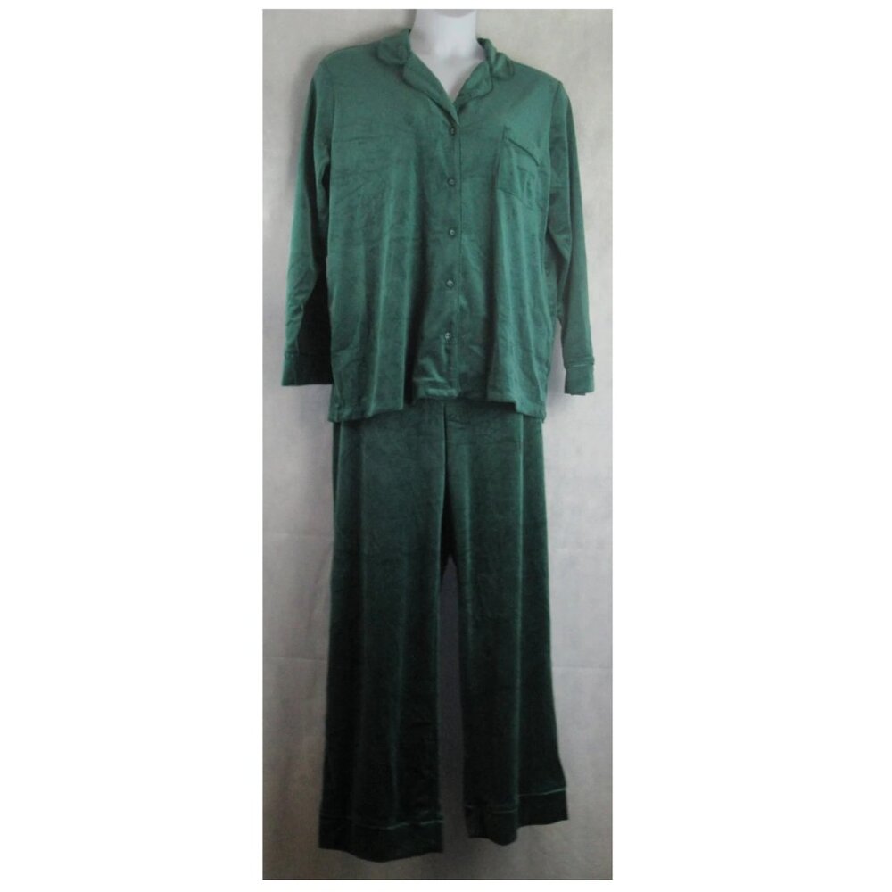 INC Women's 2-Piece Button-Up Velour Pajama Set, Dark Forest Green, XXL